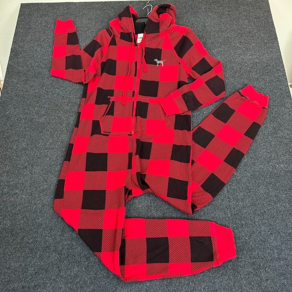 Victoria's Secret Other - Victoria Secret PINK Red Buffalo Plaid Hooded Sherpa Long Jane One-Piece PJ - SM
